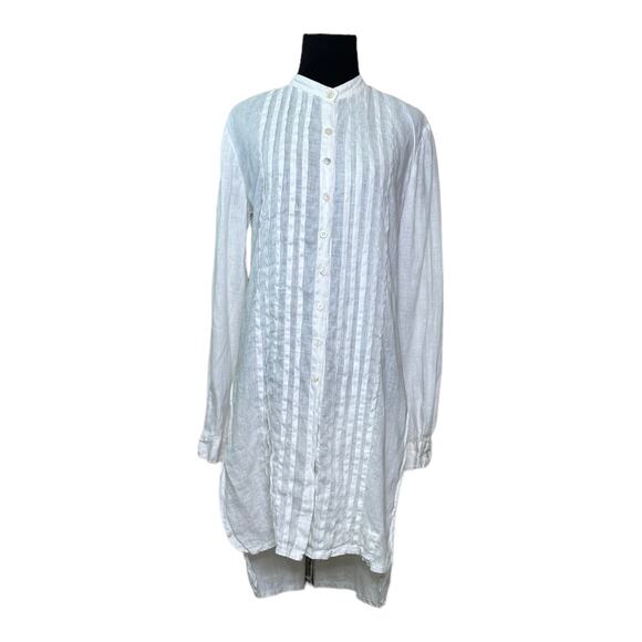 Claudio Milano white Italian linen pleated button down tunic blouse size M - Picture 14 of 15